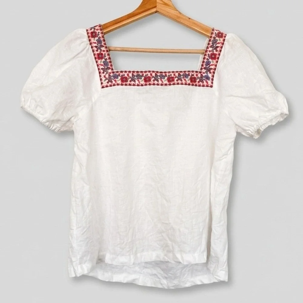 Boden White 100% Linen Embroidered Square Neck Puff Sleeve Blouse Top 6